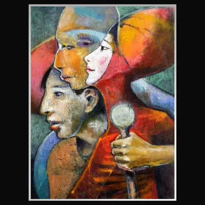A painting of several overlapping human faces in different colors.