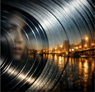 A vinyl record dissolving into a rainy city skyline at night, with a woman’s face reflected in its grooves.